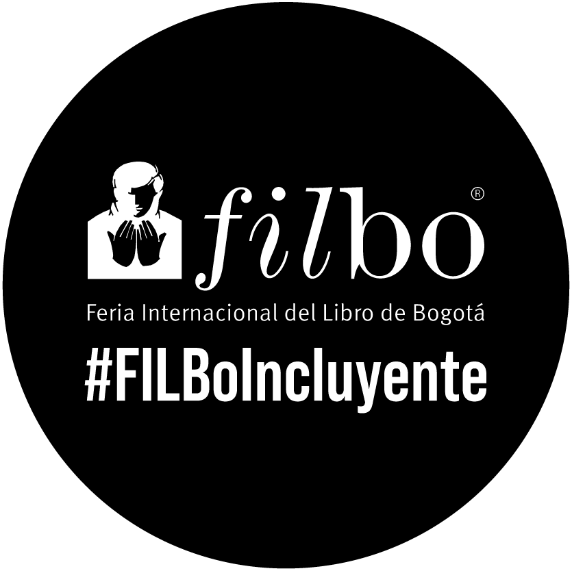 Logo de la FILBo un hombre mira fijamente el libro que sostiene en sus manos y #FILBoIncluyente