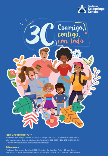 Un grupo de personas, un hombre joven, una mujer negra, una adolescente en silla de ruedas, dos pequeños niños y un joven estudiante aparecen interactuando en la portada de 3C - Conmigo, Contido y Con Todo 