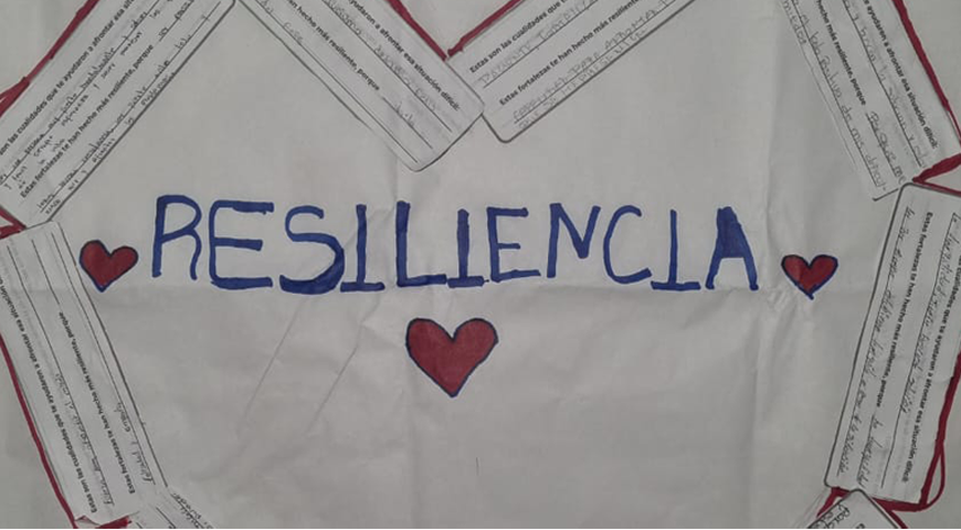 Generación-R2 Palabra 'Resiliencia' escrita en mayúscula sobre una hoja de color blanco.