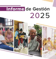 Portada del informe de Gestión del año 2025. 4 fotografías de personas